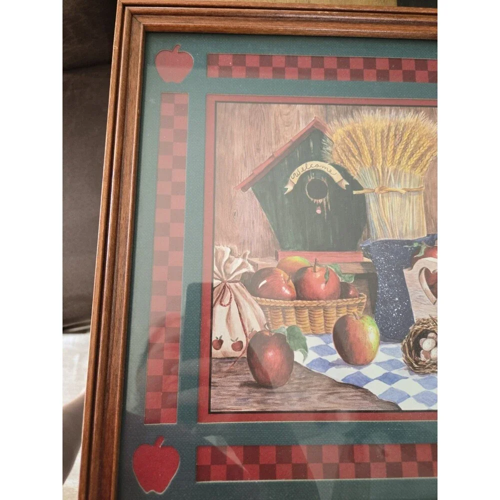 S/2 Vintage Home Interior Country Apples Double Matted Dark Wood Framed W Glass
